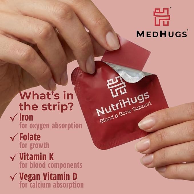 NutriHugs Blood and Bone Support - Iron, Folate, Vitamin D3 and K2 - Fast-Dissolving Oral Thin Film Strips - Non-Constipating Iron - Vegan, Sugar-Free, Non-GMO - 30 Strips
