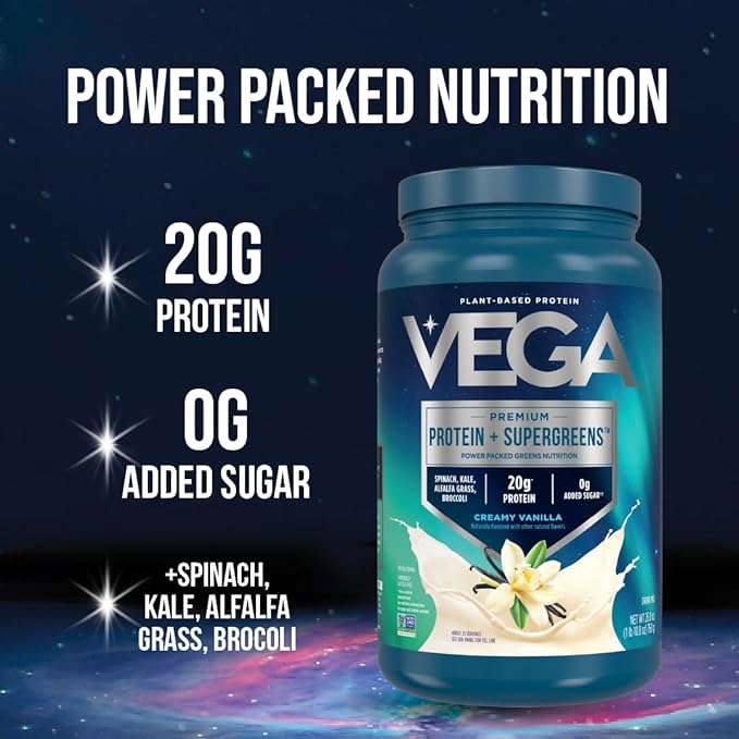 Vega Premium Protein + Supergreens, Chocolate – 20g Vegan Protein, Dairy & Gluten Free, 28.8 oz, 25 Servings (Pack of 12)