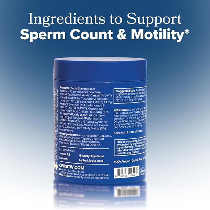 O Positiv Preggo Sperm Health Capsules for Men - OBGYN-Formulated for Improved Sperm Count & Motility with Tongkat Ali, NAC, Alpha Lipoic Acid – Male Reproductive Health, 60 Count (Pack of 1)