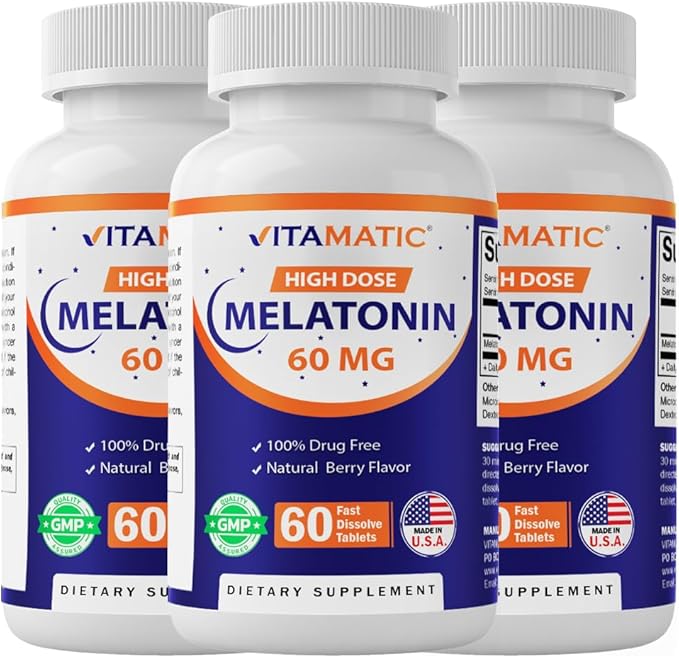 Vitamatic Melatonin 60 mg Fast Dissolve Tablets - 60 Vegan Natural Berry Flavor Tablets - Non-Habit Forming - Non-GMO, Gluten Free (3 Bottles)