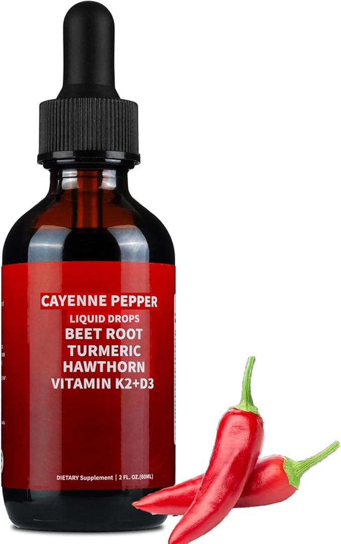 Cayenne Pepper Drops, Cayenne Pepper Hawthorn Beet Root Turmeric Curcumin, Vitamin K2 & D3, Cayenne Health Supplements, Gentle Formula, Vegan-Friendly, Easily Absorbed - 60ml
