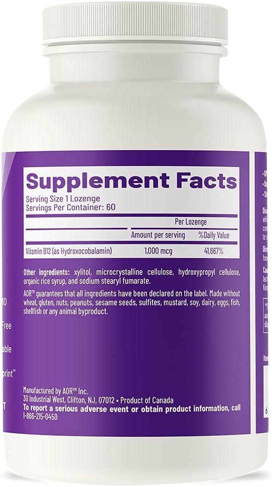 AOR Hydroxy B12 1000mcg 60 Lozenges, 60-Day Supply, Hydroxocobalamin for Daily Vitality, Nervous System Support, Vegan