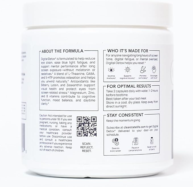 CLEAR STATE Eye Health Supplement for Screen Fatigue & Eye Strain – Lutein, Zeaxanthin, Astaxanthin, Bilberry Formula – Blue Light Digital Detox Eye Vitamins with L-Theanine – Vegan, Melatonin Free