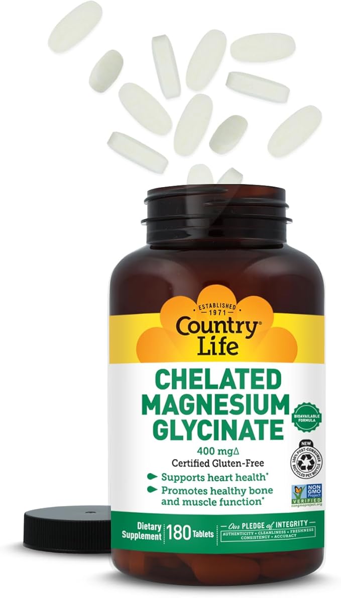 Country Life Chelated Magnesium Glycinate 400mg – High Absorption Magnesium Supplement for Muscle Relaxation, Energy, Bone & Immune Support – Gluten-Free, Vegan, Halal, Non-GMO Verified - 180 Tablets