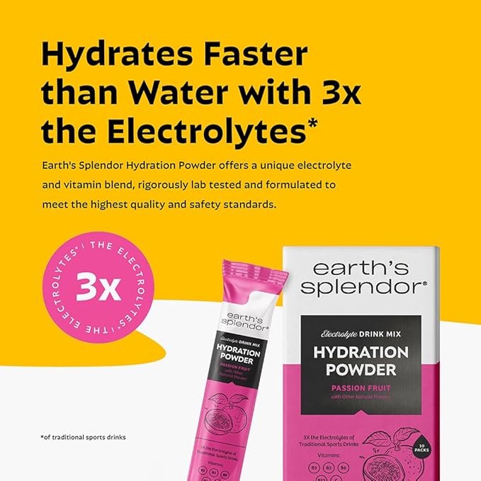 Earth’s Splendor Electrolytes Powder Packets Passion Fruit Hydration Drink Mix Sticks with Essential Vitamins for Energy & Sports Performance Travel-Friendly Single-Serve Packets for Daily Use 10 Pack