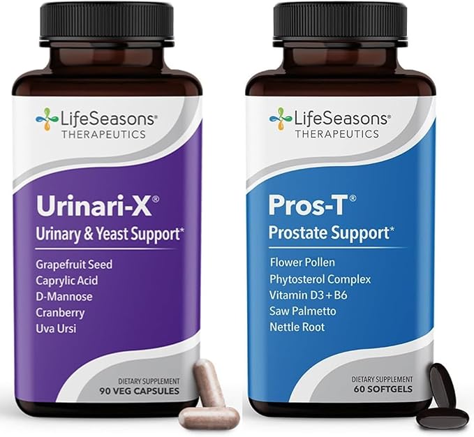 LifeSeasons Urinari-X + Pros-T Bundle – Urinary Tract & Prostate Support – Fast UTI Relief, Bladder Comfort, Supports Normal Urinary Flow – D-Mannose, Cranberry – 90 Capsules + 60 Softgels