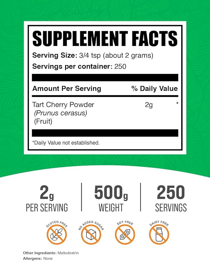 BulkSupplements.com Tart Cherry Powder - Fruit Powder, Tart Cherry Supplements - Antioxidant Source, Gluten Free & No Added Sugar, 2g per Serving, 500g (1.1 lbs) (Pack of 1)