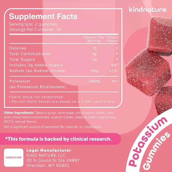 KINDNATURE High Potassium Gummies 500mg for Leg Cramps & Electrolyte Support - Chewable Pure Potassium Bicarbonate Supplement - Adults & Kids - Vegan, Non GMO - 60 Gummies (30 Day Supply)