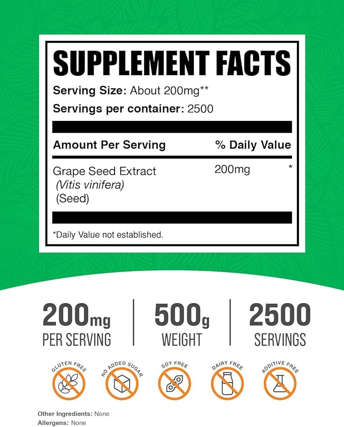 BulkSupplements.com Grape Seed Extract Powder - Antioxidant Supplement, Herbal Supplement - Vegan & Gluten Free, 200mg per Serving, 500g (1.1 lbs) (Pack of 1)