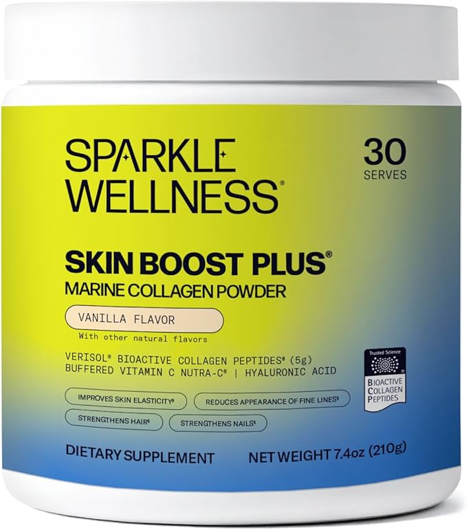 Sparkle Wellness Marine-derived VERISOL Bioactive Hydrolyzed Collagen Peptides | Collagen Powder Supplement with Vitamin C & Hyaluronic Acid | Marine Skin Boost Plus (Vanilla) [30-Serves]