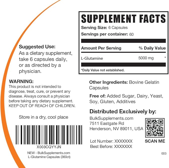 BulkSupplements.com L-Glutamine Capsules - Glutamine Supplement, Amino Acid Supplement - Gluten Free, 6 Capsules per Serving (5000mg), 360 Count (Pack of 1)