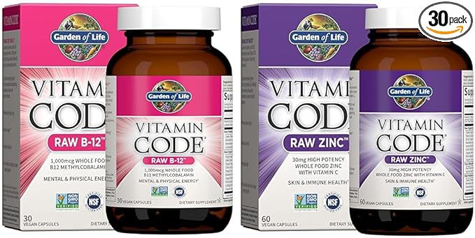 Garden of Life B12 30 Capsules 1000mcg Methylcobalamin Plus Zinc 30mg High Potency Raw Zinc Vitamin C Multimineral
