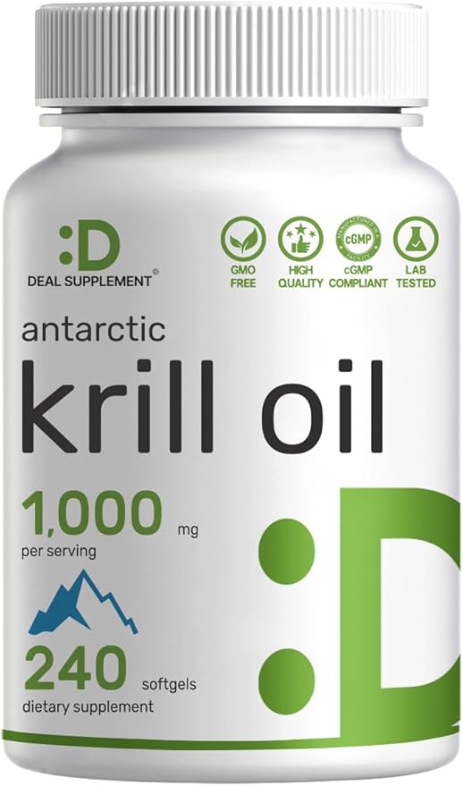 DEAL SUPPLEMENT Antarctic Krill Oil, 1,000mg Per Serving, 240 Softgels – Mercury Free, No Fishy Taste – Rich in Omega-3s, EPA, DHA, Astaxanthin, & Phospholipids – Non-GMO, No Gluten