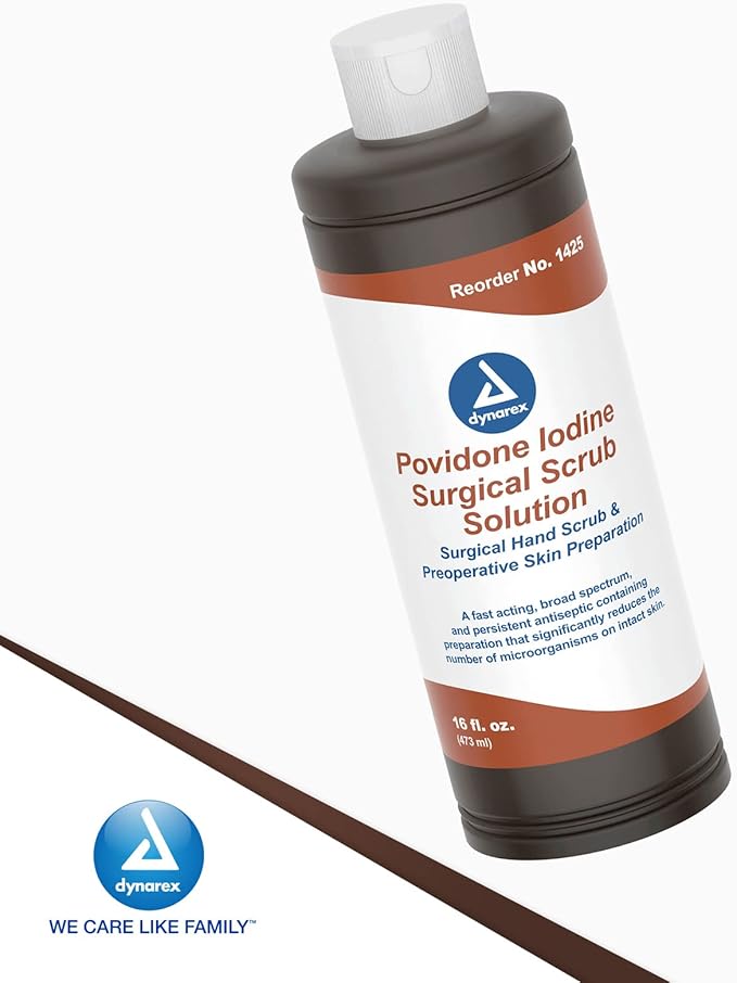 Dynarex Povidone-Iodine Scrub Solution, Antiseptic Solution for Skin and Mucosa, Ideal for Surgical Site Preparation, Contains Povidone Iodine 7.5%, 16 fl. oz., 1 Bottle