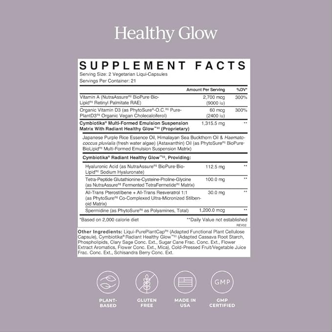 CYMBIOTIKA Healthy Glow Anti Aging Supplement, Skin Care & Collagen Production Support for Women and Men, Includes Hyaluronic Acid, Spermidine, Restorative Peptides & Growth Factors, 42 Capsules