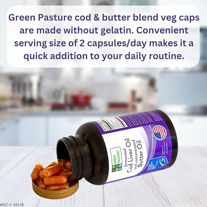 Green Pasture Fermented Cod Liver Oil & Butter Oil Blend - Wild Alaska Cod, Vitamins A & D, Omega-3-6-9, MSC Certified, 120 Capsules
