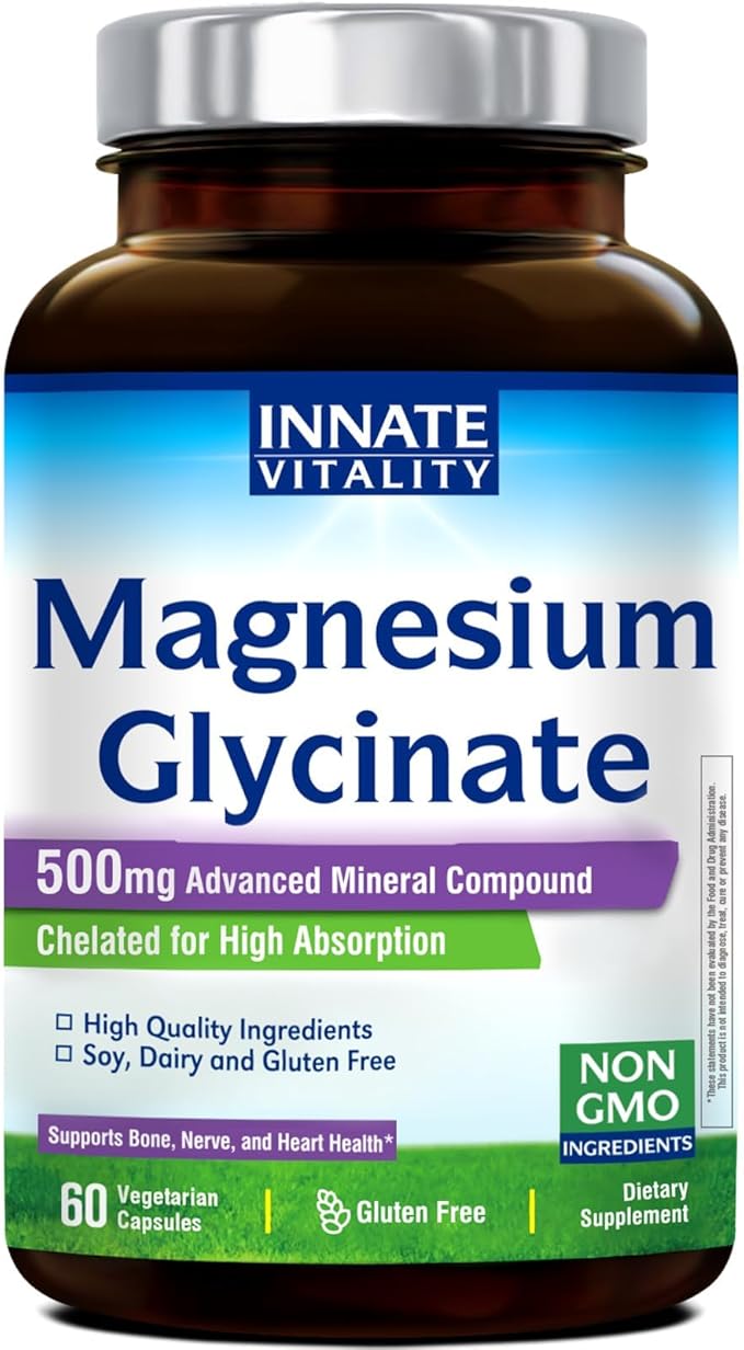 Innate Vitality Magnesium Glycinate 500mg | 70mg Elemental Magnesium Supplement - High Absorption, Non Buffered, Non-GMO & No Gluten - Vegan - Nerve Health - 60 Capsules (Pack of 1)