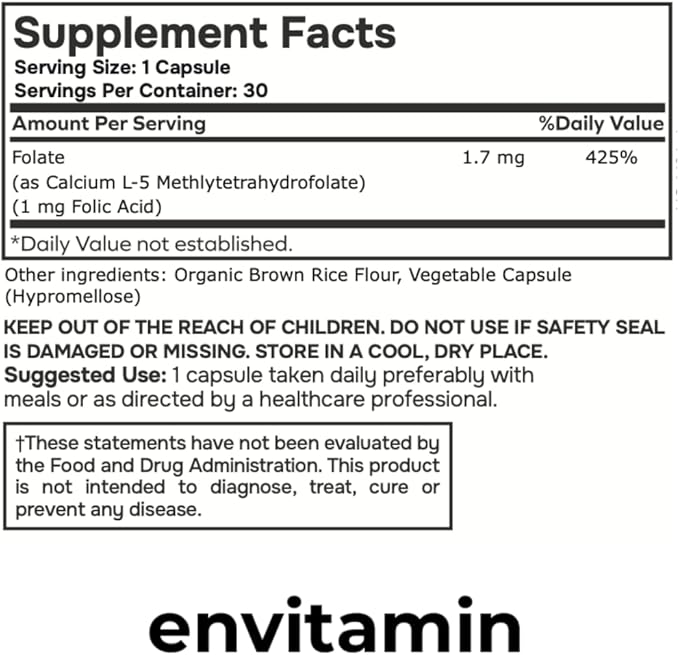 envitamin 5-MTHF - Methylfolate (Active B9 Folate) Supplement - 30 Capsules - 5-MTHF 1mg