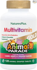 NaturesPlus Animal Parade Gold Children's Multivitamin - Assorted Cherry, Orange & Grape Flavors - 120 Animal-Shaped Chewable Tablets, Pack of 4 - Vegan, Gluten Free - 240 Total Servings