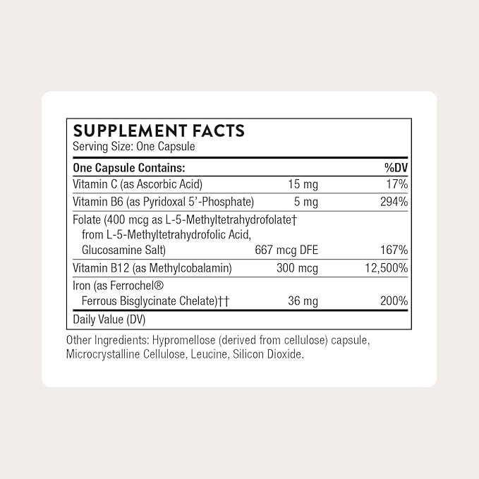 THORNE - Advanced Iron Complex - Complete Blood Support Formula* - Elemental Iron, Folate, B and C Vitamins for Optimal Absorption - Chelated Iron Supplement - Gluten, Dairy & Soy-Free - 60 Capsules