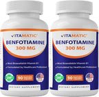 Vitamatic Benfotiamine 300 mg – Fat-Soluble Vitamin B1 – 90 Vegetarian Capsules per Bottle – 2 Bottles (Total 180 Capsules)