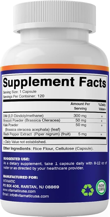 Vitamatic DIM Supplement Complex for Women & Men - 300mg - 120 Veg Capsules - Made with Black Pepper, Broccoli Powder & Kale Powder - Non-GMO & Gluten Free