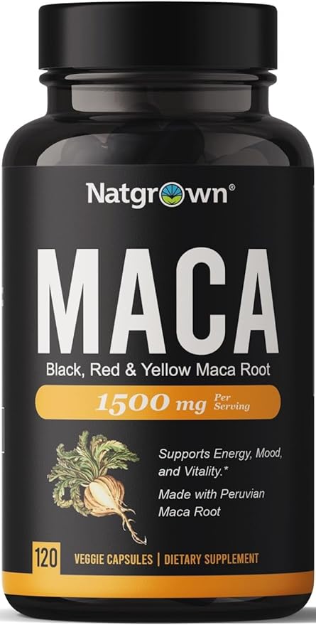 Natgrown Organic Maca Root Powder Capsules - Black, Red & Yellow - 1500 mg per Serving - Gelatinized Peruvian Maca Supplement - Non-GMO, Gluten-Free, Vegan - (120 Count)