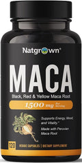 Natgrown Organic Maca Root Powder Capsules - Black, Red & Yellow - 1500 mg per Serving - Gelatinized Peruvian Maca Supplement - Non-GMO, Gluten-Free, Vegan - (120 Count)