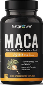 Natgrown Organic Maca Root Powder Capsules - Black, Red & Yellow - 1500 mg per Serving - Gelatinized Peruvian Maca Supplement - Non-GMO, Gluten-Free, Vegan - (120 Count)