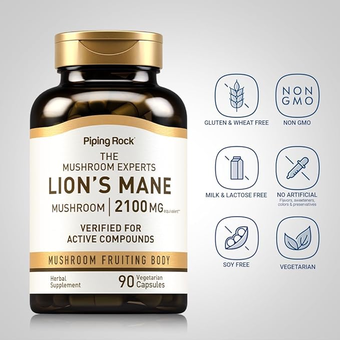 Piping Rock Lions Mane Supplement Capsules | 90 Count | with Black Pepper | Mushroom Fruiting Body Extract | Hericium Erinaceus | Vegetarian, Non-GMO, Gluten Free