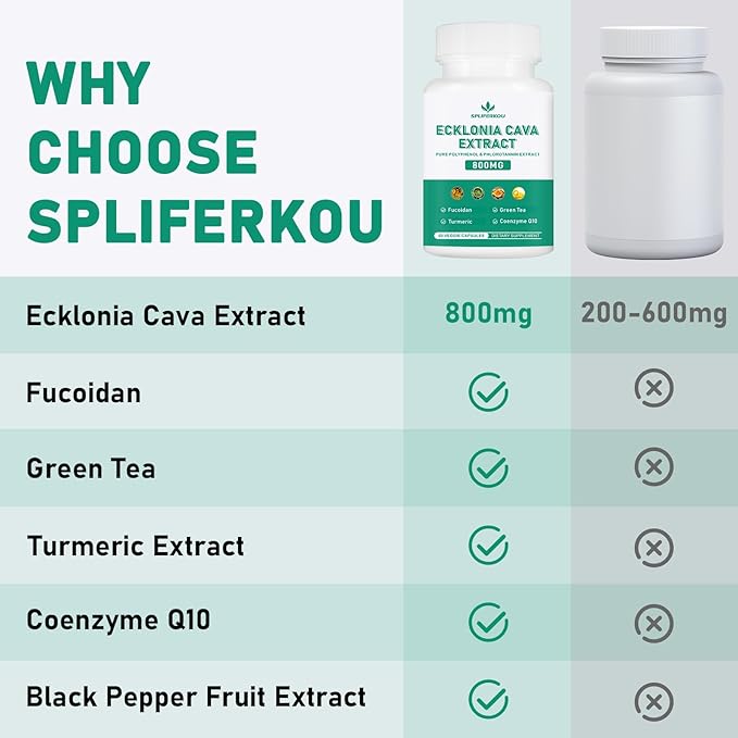 Spliferikou Ecklonia Cava Extract, 800mg, 60 Veggie Capsules with Fucoidan, Green Tea, Turmeric, CoQ10, Dietary Supplement