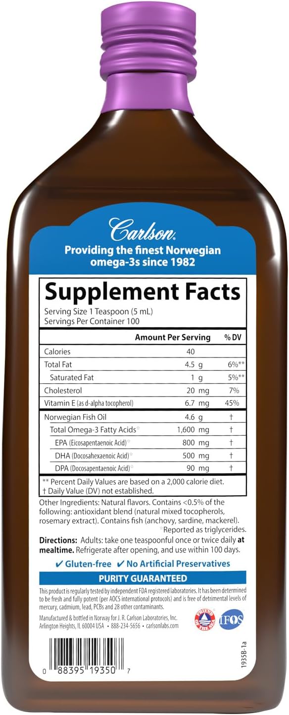 Carlson - The Very Finest Fish Oil, 1600 mg Omega-3s, Liquid Fish Oil Supplement, Norwegian Fish Oil, Wild-Caught, Sustainably Sourced Fish Oil Liquid, Mixed Berry, 500 mL (16.9 Fl Oz)…