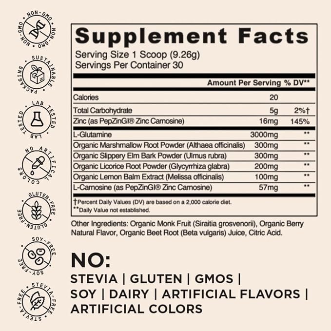 Daily Gut Health Powder 6-in-1 All Natural Supplement, Slippery Elm, L Glutamine, Lemon Balm with PepZinGI - Bloat & Gas Relief, GI Lining Repair, IBS Support - Mixed Berry, 30 Servings