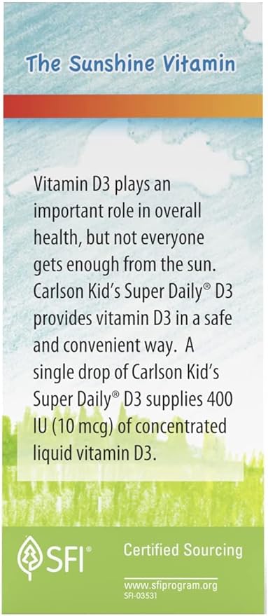 Carlson - Kid's Super Daily D3, Vitamin D Drops for Kids, 400 IU per drop, 1-Year Supply, Heart & Immune Health, Vegetarian, Liquid Vitamin D Drops, Unflavored, 365 drops