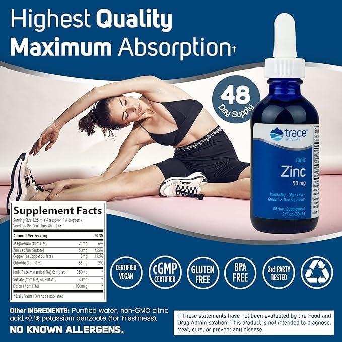 Trace Minerals Ionic Zinc - Ionic Zinc Supplement for Immune Support - Digestion, Growth & Skin Health Support - Chloride & ConcenTrace - Highly-Absorbable Drops - 2 fl oz (48 Servings)