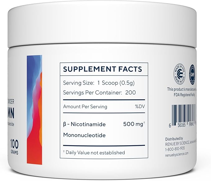 Renue By Science NMN Powder | 100g Fast Dissolve Powder Supplement | 500mg Nicotinamide Mononucleotide per Serving | Manufactured in the USA Third-Party Tested