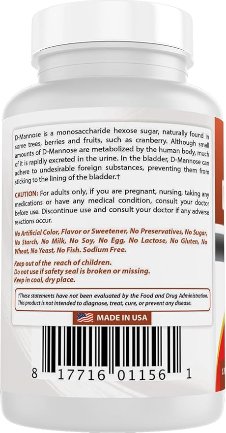 Best Naturals D-Mannose 1500 mg Per Serving 120 Capsules (Pack of 2)