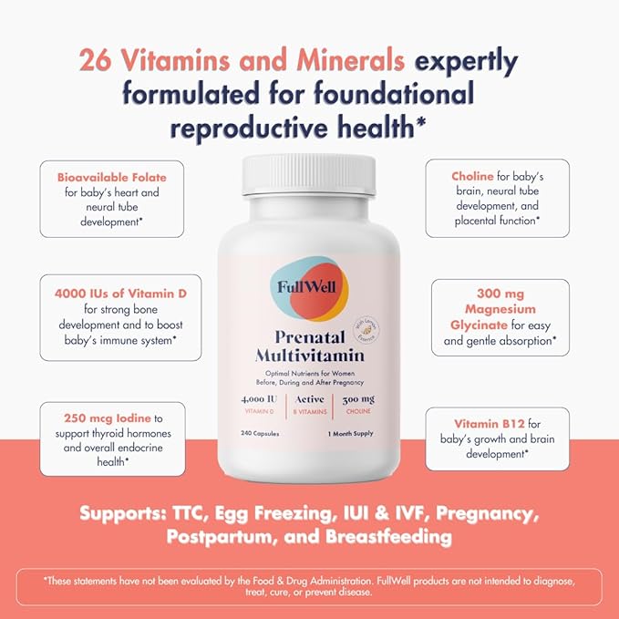 FullWell Women's Prenatal Multivitamin with Lemon Essence - Healthy Pregnancy Support - Contains Choline & Folate - Supports Fetal Growth & Brain Development* - 240 Count (60 Servings, 2 Pk)