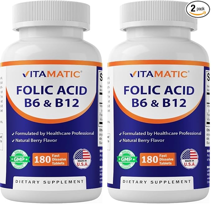 Vitamatic Folic Acid, Vitamin B12 & B6 – 180 Fast Dissolve Tablets Heart Health, Energy Production & Red Blood Cell Support (Pack of 2)