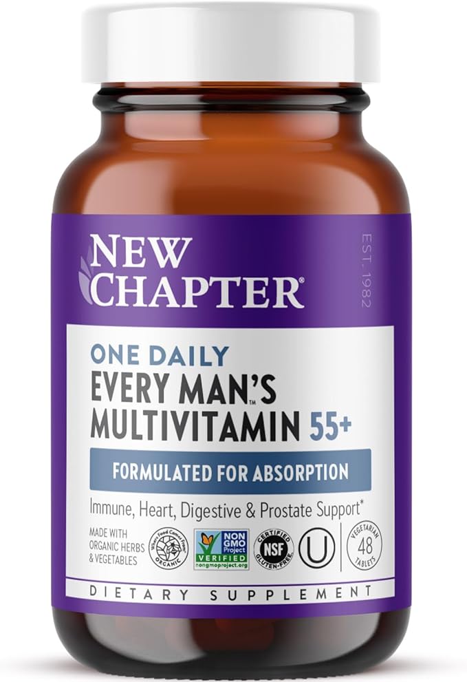 New Chapter Men’s Multivitamin 55+, Extra B6 & B12, D3, Astaxanthin, Vitamin C & Zinc, Immune, Heart, Cellular Energy, and Brain Health, Gentle on The Stomach, One Daily, Non-GMO, 48 Tablets