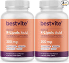 BESTVITE R-Lipoic Acid 200mg Stabilized with Bio-Enhanced Na-RLA (120 Vegetarian Capsules)(60x2) - No Stearates - No Fillers - Vegan - Gluten Free - Non GMO