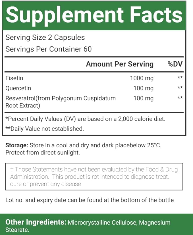 Fisetin Quercetin Resveratrol Supplement, 1,200 mg, 120 Veggie Capsules 100% Vegetarian, Non-GMO & Gluten Free