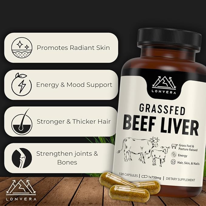 Lonvera Grass Fed Beef Liver Capsules for Women and Men – 3000mg Freeze Dried Desiccated Organs – Nutrient Source for Joints, Bones, Hair, Skin, Nails & Daily Energy – 120 Pasture-Raised Capsules