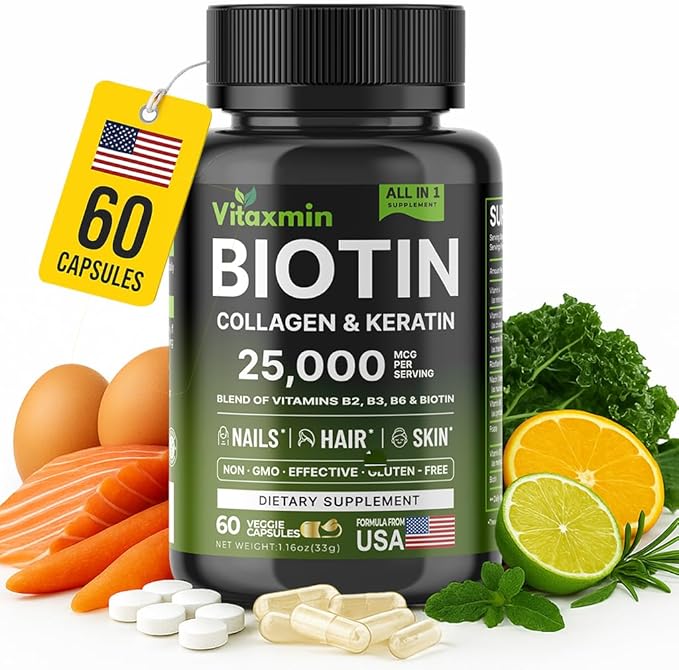 Biotin 10000mcg with Collagen Keratin Hyaluronic Acid - Hair Growth Vitamins for Women & Men - Hair Skin and Nails Vitamins with B Complex - 60 Capsules