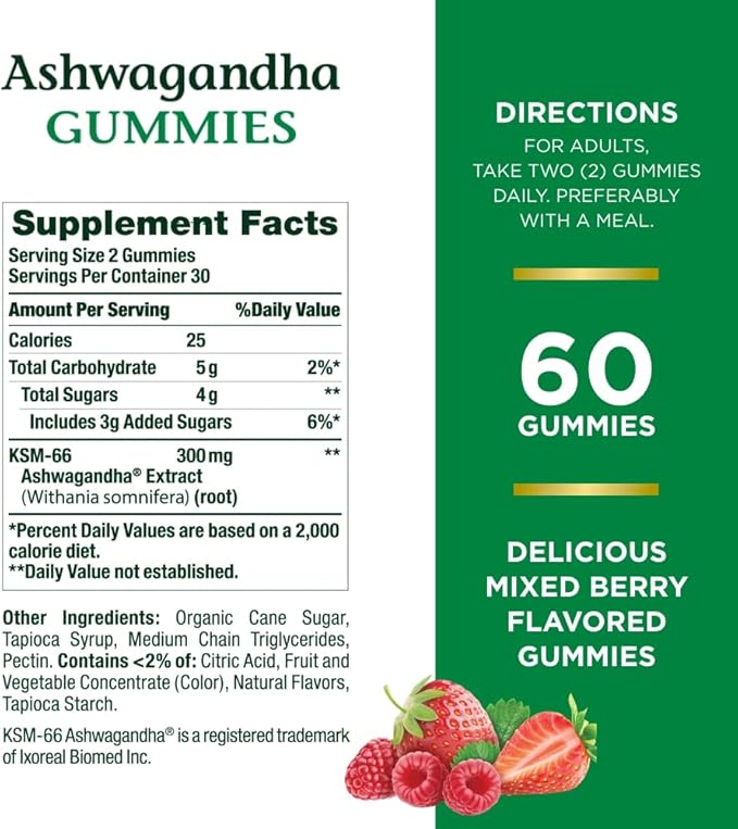 Nature's Bounty Ashwagandha Gummies, 300mg KSM-66 Ashwagandha Extract, Mixed Berry, 60 Gummies (Pack of 3)