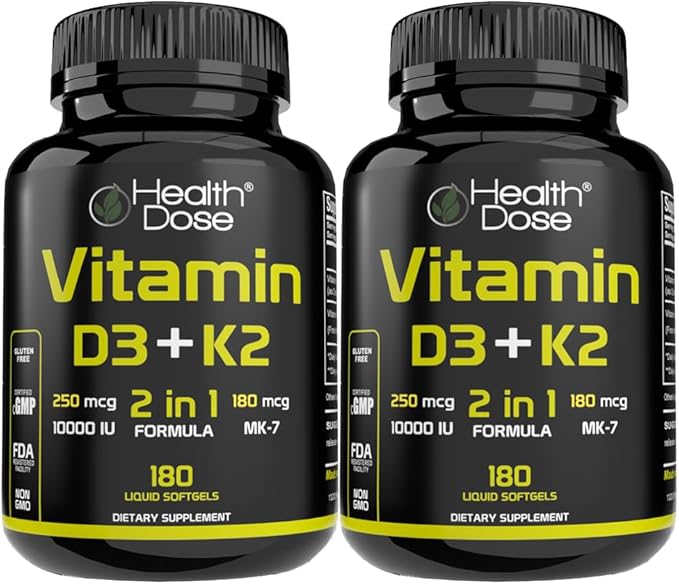 Health Dose Vitamin D3 10,000 IU + K2 (MK7) Supplement, 2-in-1 Formula, Immune Support, a Healthy Mood, Heart, Joint, Teeth, Bone Health, Calcium Absorption, 180 softgels. (2)