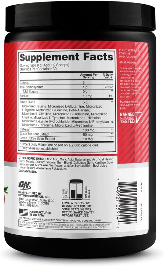 Optimum Nutrition Amino Energy-Pre Workout with Green Tea,BCAA,Amino Acids,Keto Friendly,Green Coffee Extract,Energy Powder-Juicy Strawberry Burst,9.5Ounce,30 Servings,(Pack of 6),(Packaging May Vary)