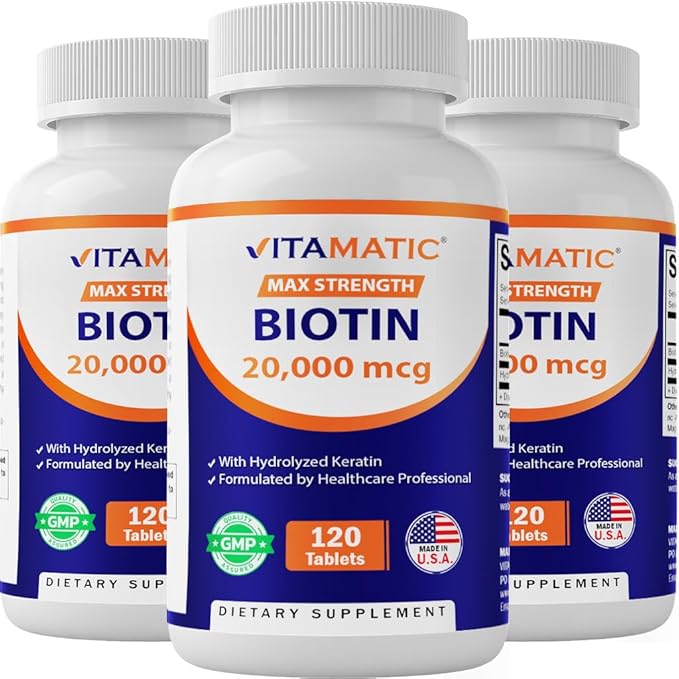Vitamatic High Potency Biotin 20000 mcg (20mg) with Keratin 100mg - 120 Tablets - Biotin Supplements for Healthy Hair Skin & Nails for Adults (120 Count (Pack of 3))