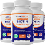 Vitamatic High Potency Biotin 20000 mcg (20mg) with Keratin 100mg - 120 Tablets - Biotin Supplements for Healthy Hair Skin & Nails for Adults (120 Count (Pack of 3))