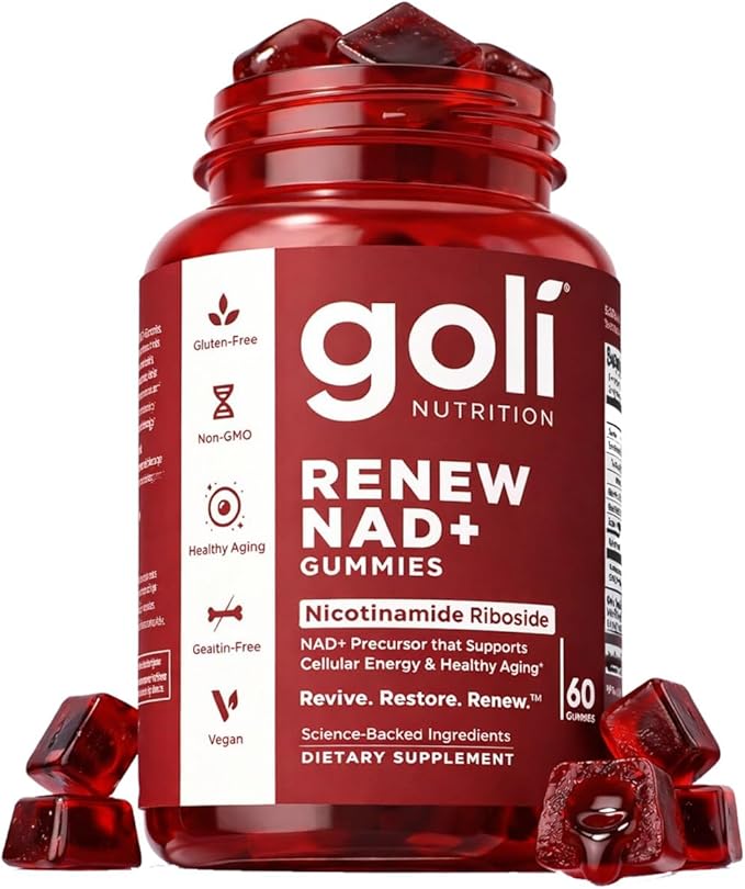 Goli World’s First Renew NAD+, 60 Count – Nicotinamide Riboside (NR) – Cellular Energy & Healthy Aging Support – Vegan, Non-GMO, Gelatin-Free Liquid-Center Gummies